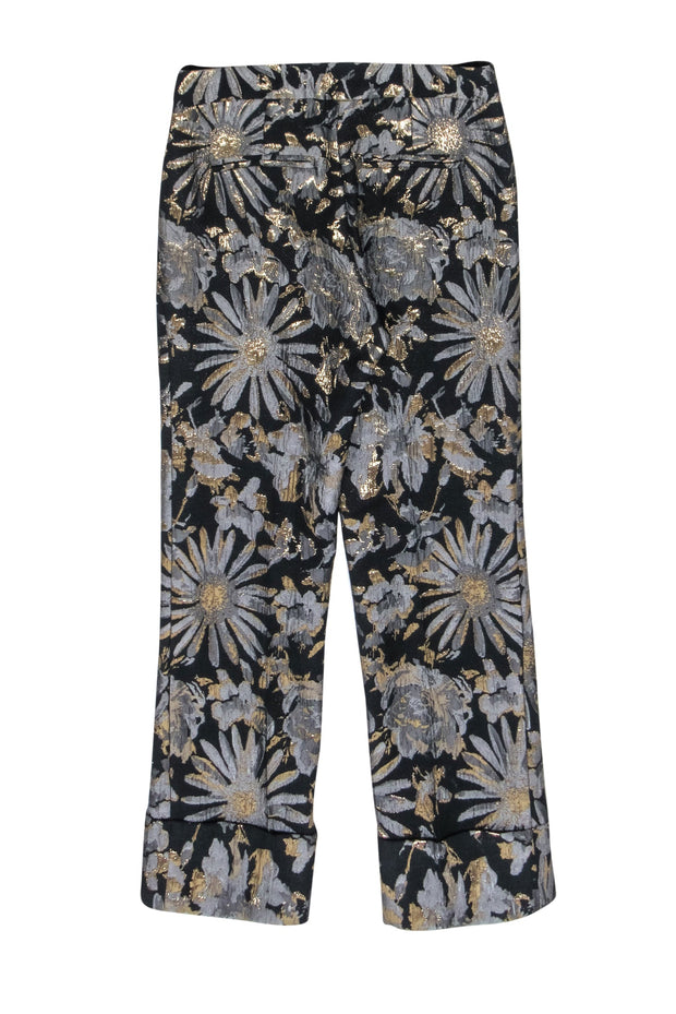 Current Boutique-Trina Turk - Black & Metallic Brocade Floral Ankle Pants Sz 6
