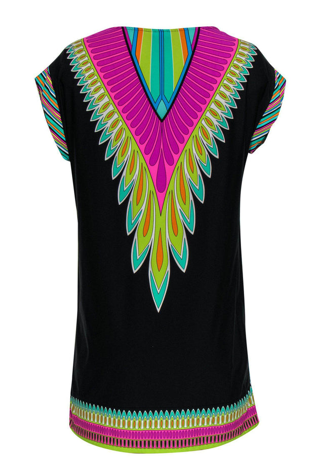 Current Boutique-Trina Turk - Black & Multicolor Printed Notch Neck Shift Dress Sz XS