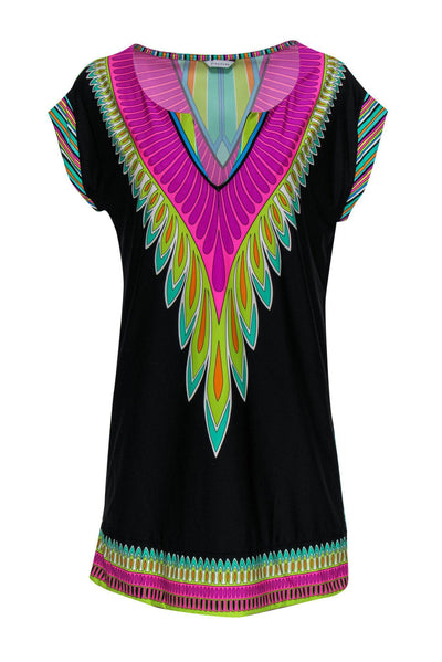 Current Boutique-Trina Turk - Black & Multicolor Printed Notch Neck Shift Dress Sz XS