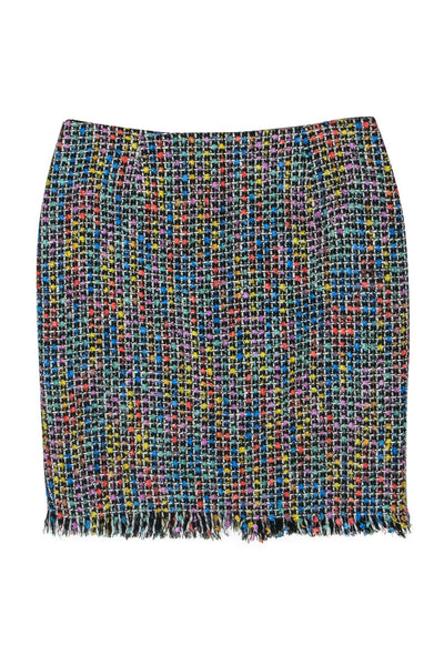 Current Boutique-Trina Turk - Black & Multicolor Tweed Pencil Skirt w/ Fringed Hem Sz 10