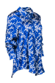 Current Boutique-Tucker - Cobalt Blue Floral Print Long Sleeve Silk Blouse Sz M