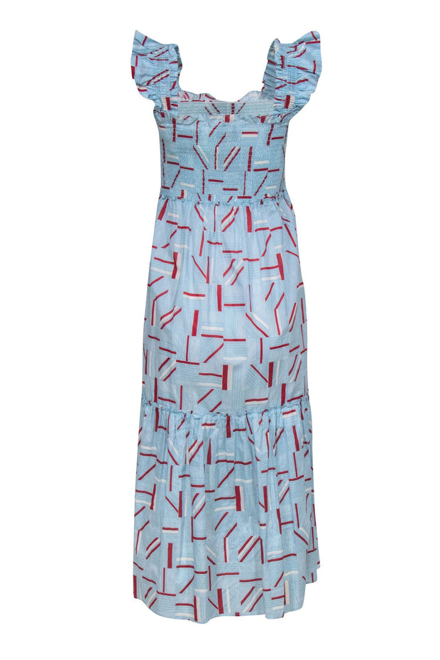Current Boutique-Tuckernuck - Blue, Red, & Cream Print Ruffle Shoulder Maxi Dress Sz L
