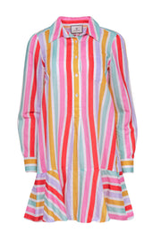 Current Boutique-Tuckernuck - Red, Pink, Green, & Yellow Stripe Linen Blend Shirtdress w/ Flutter Hem Sz S
