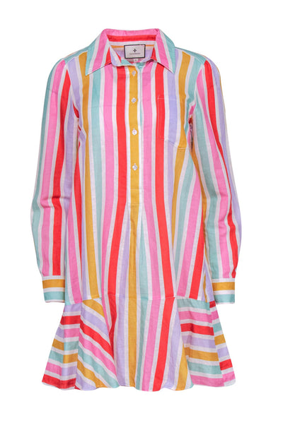 Current Boutique-Tuckernuck - Red, Pink, Green, & Yellow Stripe Linen Blend Shirtdress w/ Flutter Hem Sz S