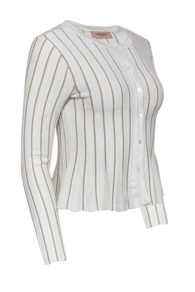 Current Boutique-Twinset - White Ribbed Cardigan w/ Golden Stripes Sz XS