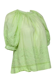 Current Boutique-Ulla Johnson - Lime Green Embroidered Puff Sleeve Blouse w/ Mesh Trim Sz 6