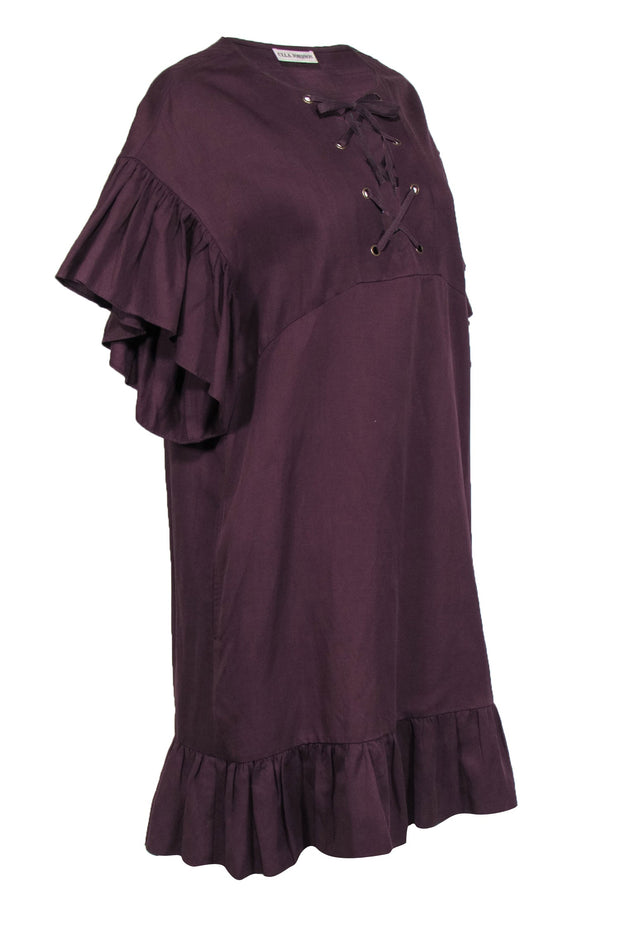 Current Boutique-Ulla Johnson - Plum Short Sleeve Ruffle Trim Pocket Dress Sz 6