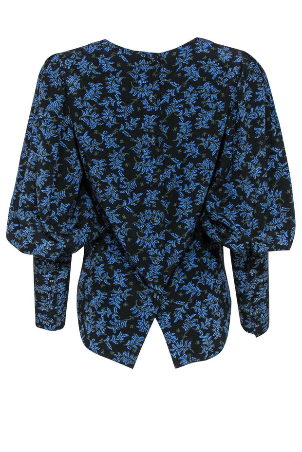 Current Boutique-Veronica Beard - Black & Blue Dainty Floral Blouse w/ Puff Sleeves Sz 2