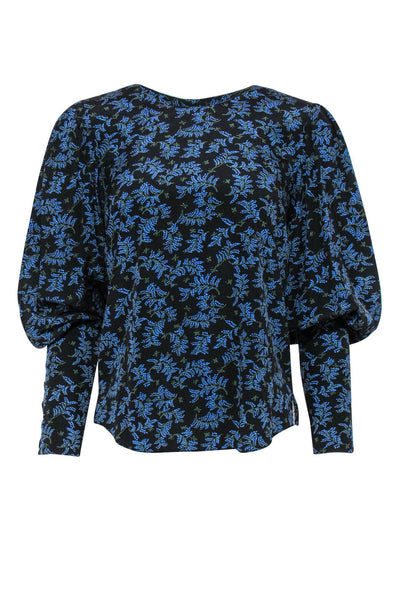Current Boutique-Veronica Beard - Black & Blue Dainty Floral Blouse w/ Puff Sleeves Sz 2