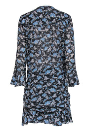 Current Boutique-Veronica Beard - Black, Blue & White Floral Print Ruched Silk Dress Sz 8