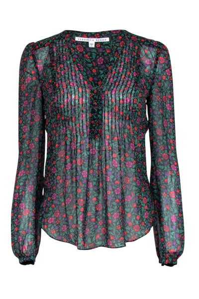 Current Boutique-Veronica Beard - Black & Multicolor Floral Silk Long Sleeve Blouse Sz 0