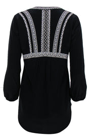 Current Boutique-Veronica Beard - Black Silk Peasant Top w/ White Embroidery Sz 4