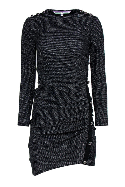 Current Boutique-Veronica Beard - Black Sparkly Ruched Bodycon Dress w/ Decorative Silver Buttons Sz 0