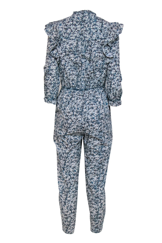 Current Boutique-Veronica Beard - Blue & Cream Printed Button-Front Jumpsuit w/ Ruffles Sz 4