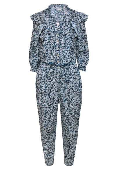 Current Boutique-Veronica Beard - Blue & Cream Printed Button-Front Jumpsuit w/ Ruffles Sz 4