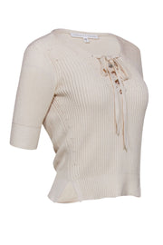 Current Boutique-Veronica Beard - Cream Rib Knit Sweater w/ Lace Up Front Sz S