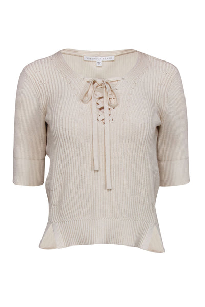 Current Boutique-Veronica Beard - Cream Rib Knit Sweater w/ Lace Up Front Sz S