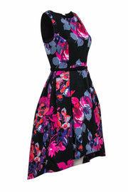 Current Boutique-Vince Camuto - Black, Purple & Pink Floral Print Pleated High-Low Midi Dress Sz 2