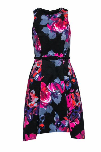 Current Boutique-Vince Camuto - Black, Purple & Pink Floral Print Pleated High-Low Midi Dress Sz 2