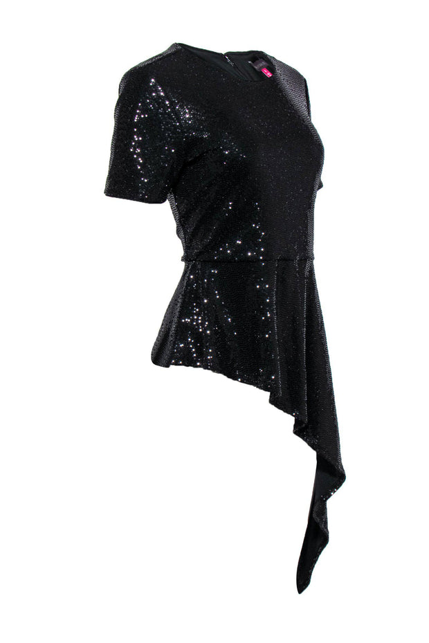 Current Boutique-Vince Camuto - Black Short Sleeved Sequined Top w/ Asymmetric Hem Sz M