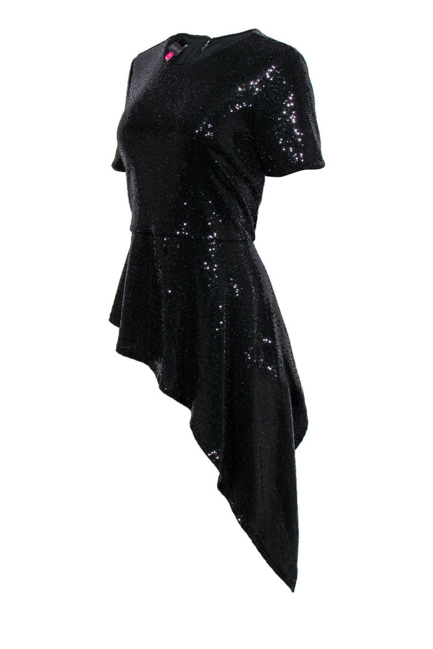 Current Boutique-Vince Camuto - Black Short Sleeved Sequined Top w/ Asymmetric Hem Sz M