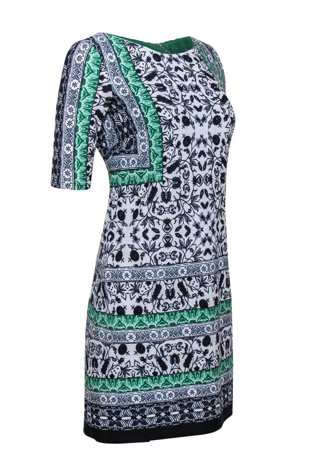 Current Boutique-Vince Camuto - White, Navy & Green Bohemian Print Sheath Dress Sz 2