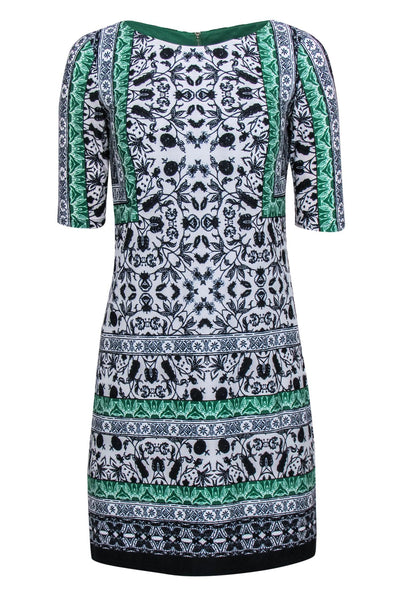 Current Boutique-Vince Camuto - White, Navy & Green Bohemian Print Sheath Dress Sz 2