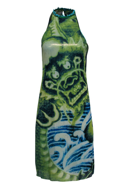 Vivienne Tam - Green & Blue Dragon Print Dress w/ Beaded Halter Neckline Sz  S