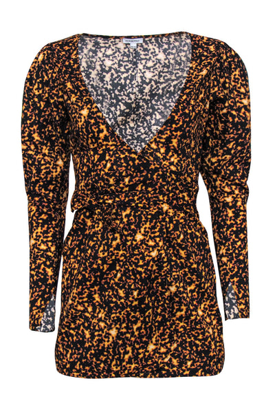 Current Boutique-WeWoreWhat - Orange & Black Printed Puff Sleeve Mini Wrap Dress Sz XS