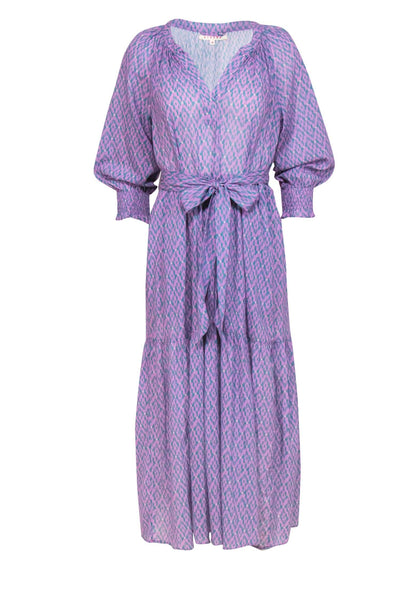 Current Boutique-Xirena - Purple, Green & White Print Tiered Belted Cotton Maxi Dress Sz M