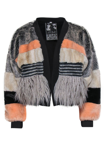Current Boutique-Young Fabulous & Broke - Grey, Pink & Cream Colorblocked Faux Fur Open Jacket Sz S/M