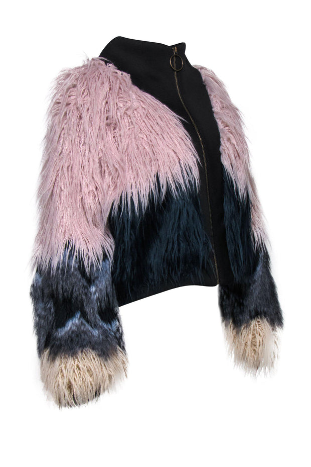 Current Boutique-Young Fabulous & Broke - Light Pink, Navy & Cream Colorblocked Faux Fur Zip-Up Jacket Sz M /L