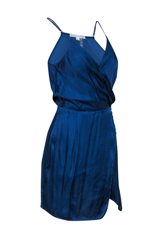 Current Boutique-Young Fabulous & Broke - Navy Satin Wrap Dress w/ Covered Buttons Sz S