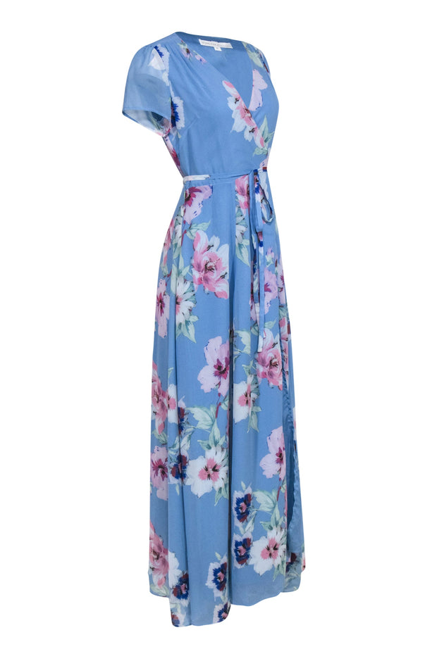 Current Boutique-Yumi Kim - Light Blue Floral Short Sleeve Wrap Maxi Dress Sz S
