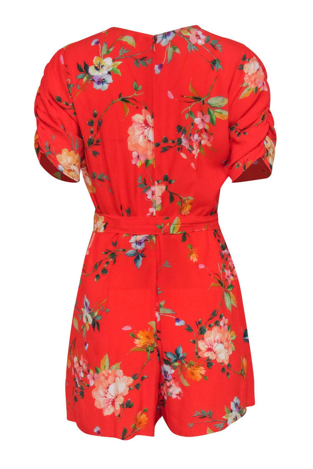 Current Boutique-Yumi Kim - Red Floral Print Short Sleeve Belted Romper Sz M