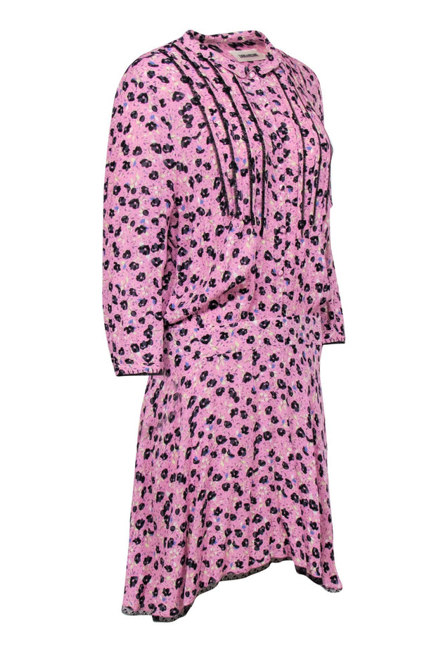 Current Boutique-Zadig & Voltaire - Lilac Drop Waist Dress w/ Black Floral Print & Collar Sz L