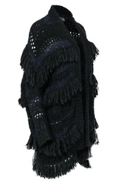 Current Boutique-Zadig & Voltaire - Navy & Black Striped Crochet Longline Fringe Open Cardigan Sz XS