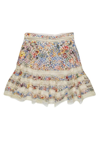 Current Boutique-Zimmerman - Cream Multicolor Floral Print Eyelet & Lace Fit & Flare Skirt Sz 2