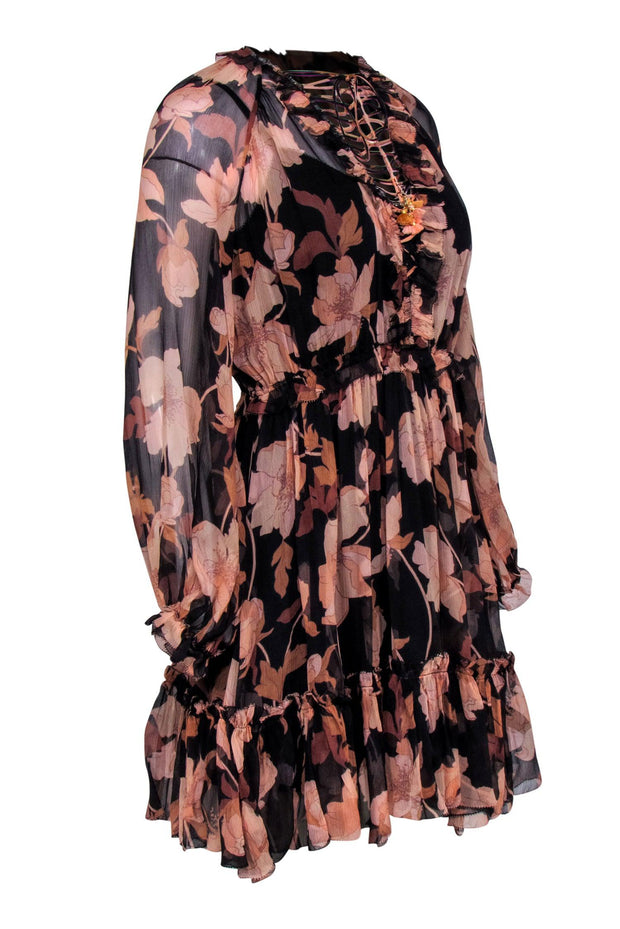 Current Boutique-Zimmermann - Black & Blush Floral Print Sheer Mini Dress w/ Ruffles Sz 1