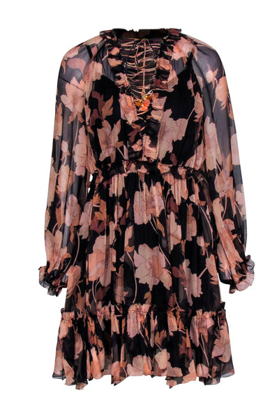 Current Boutique-Zimmermann - Black & Blush Floral Print Sheer Mini Dress w/ Ruffles Sz 1