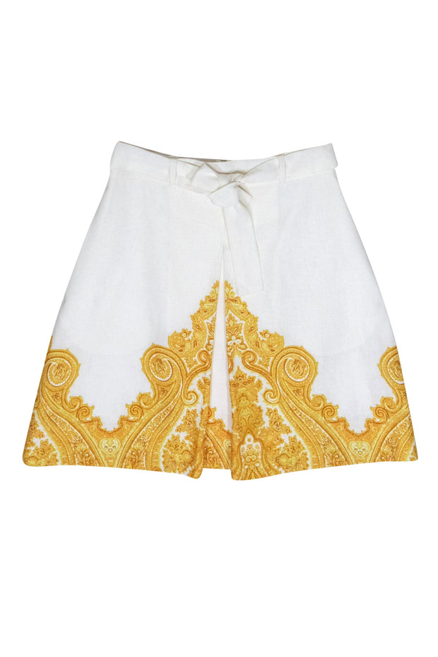 Current Boutique-Zimmermann - White Single Pleated Miniskirt w/ Gold Print Sz 0