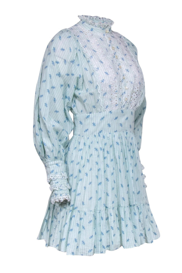 Current Boutique-byTimo - Blue Floral Long Sleeve w/ Eyelet Lace Detail Dress Sz XS
