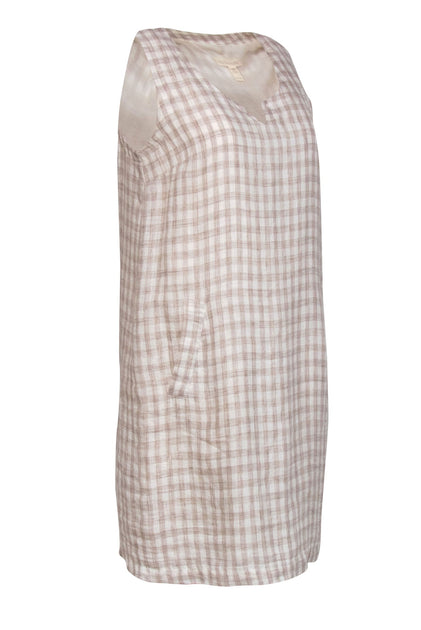 Eileen Fisher - Cream Gingham Linen Shift Dress Sz XS