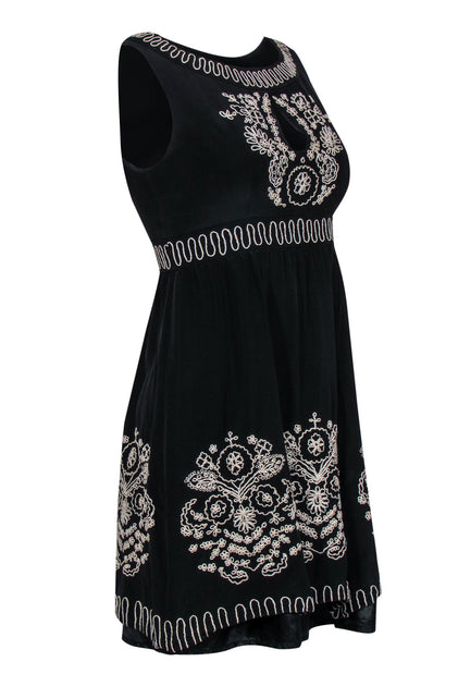 Nanette Lepore - Black Silk Fit & Flare Dress w/ Beige Embroidery & Ke Nanette Lepore - Black Silk Fit & Flare Dress w/ Beige Embroidery & Ke