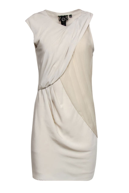 Poleci - Cream Silky Asymmetric Draped Shift Dress Sz 4 Poleci - Cream Silky Asymmetric Draped Shift Dress Sz 4