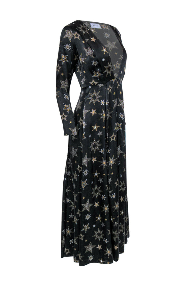 Current Boutique-we are LEONE - Black & Gold Star Print Clasped Silk Duster Sz XS/S