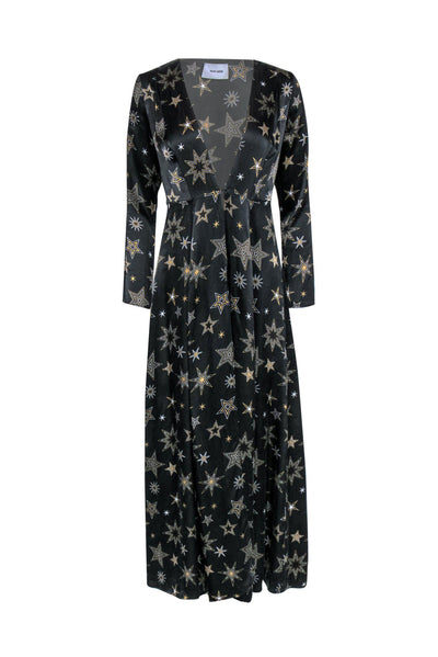 Current Boutique-we are LEONE - Black & Gold Star Print Clasped Silk Duster Sz XS/S
