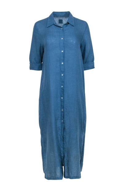 Current Boutique-120% Lino - Blue Button Front Crop Sleeve Shirt Dress Sz 6