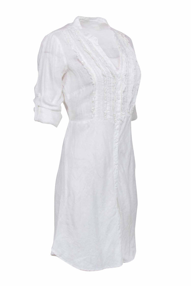 Current Boutique-120% Lino - White Long Sleeve Linen Dress w/ Sparkle Middle Front Sz 8