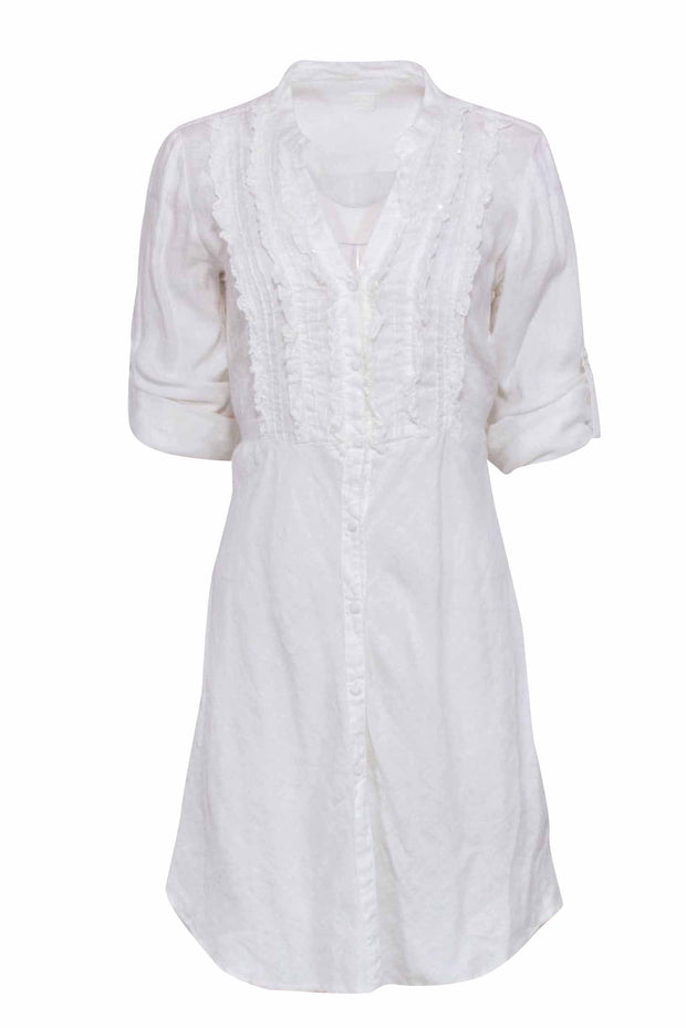 Current Boutique-120% Lino - White Long Sleeve Linen Dress w/ Sparkle Middle Front Sz 8